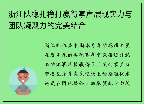浙江队稳扎稳打赢得掌声展现实力与团队凝聚力的完美结合