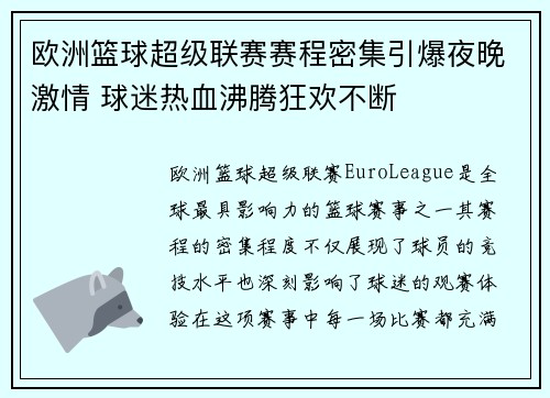 欧洲篮球超级联赛赛程密集引爆夜晚激情 球迷热血沸腾狂欢不断